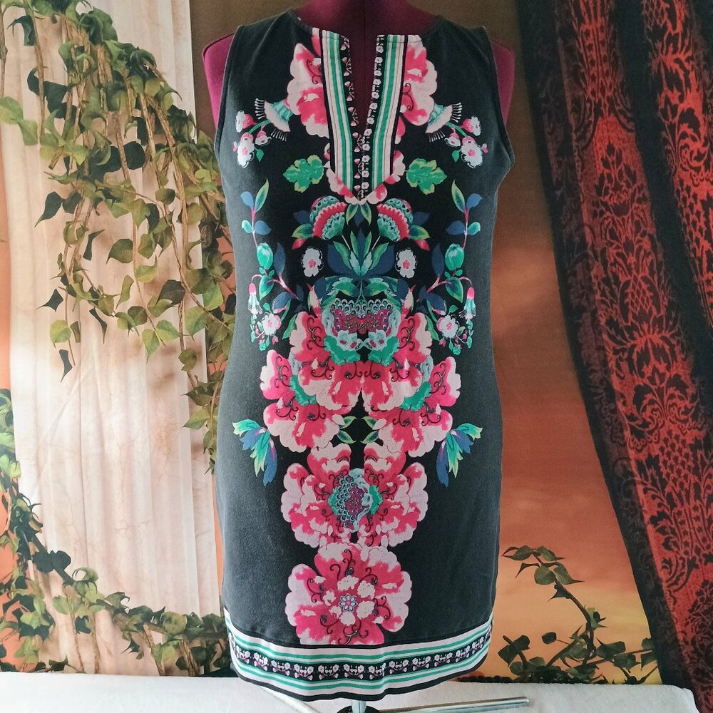 VGUC: New York & Company Sz L Black & Pink Floral Sleeveless Sheath Mini Dress